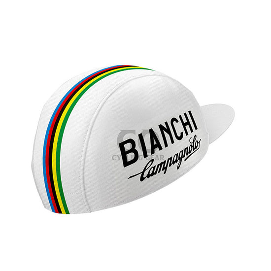 Side view of Bianchi Campagnolo vintage cycling cap with classic logo and short visor