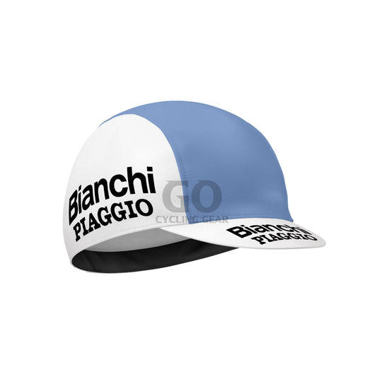 Blue and white cycling cap with 'Bianchi Piaggio' branding on a white background