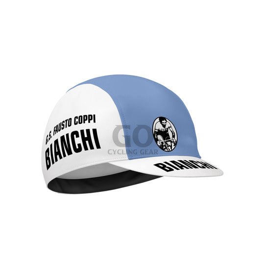 Blue and white cycling cap with Bianchi branding on a white background