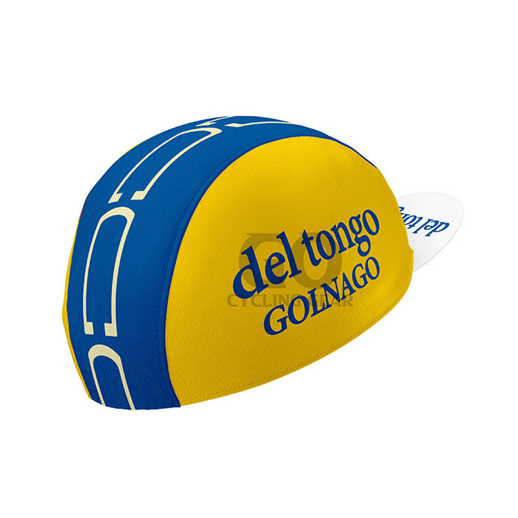 Blue and yellow golf club head cover with 'del tongo GOLNAGO' branding on a white background
