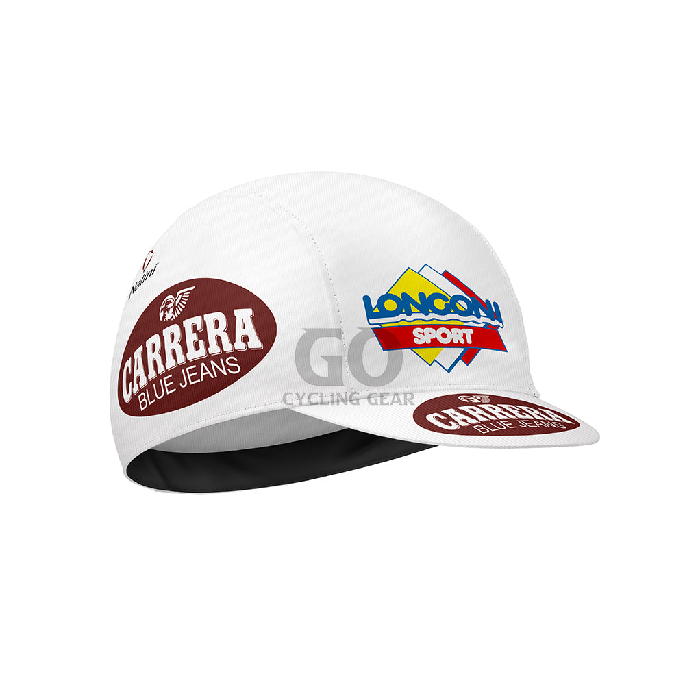White cycling cap with Carrera Jeans logos on a white background