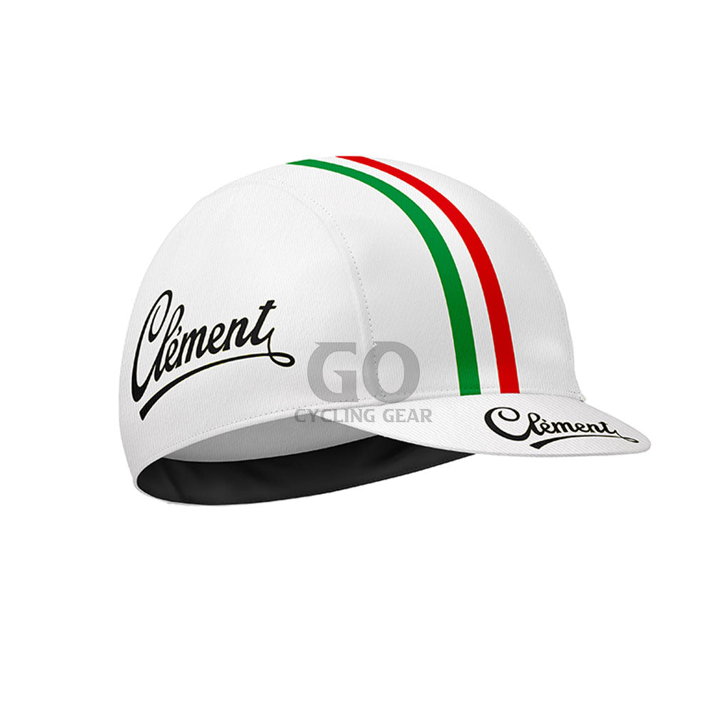 White cycling cap with Italian flag colors stripes and 'Clement' branding on a white background