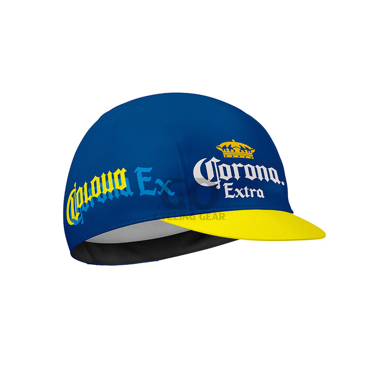 Blue and yellow cap with Corona Extra branding on a white background