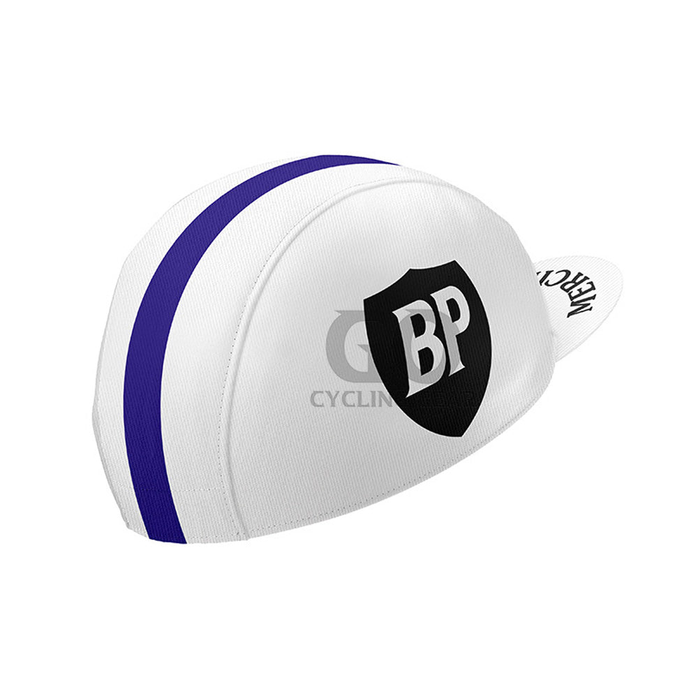 White cycling cap with blue stripes and BP logo Cycling Cap Vintage Mercier