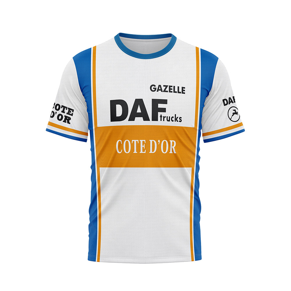 Front view of a white, blue, and orange T-shirt. The chest features prominent black 'DAF trucks' and 'COTE D'OR' logos on an orange stripe. 'GAZELLE' is above DAF. Blue panels run down the sides and on the sleeves, which also show 'COTE D'OR' text