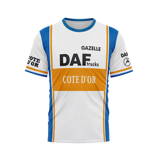 Front view of a white, blue, and orange T-shirt. The chest features prominent black 'DAF trucks' and 'COTE D'OR' logos on an orange stripe. 'GAZELLE' is above DAF. Blue panels run down the sides and on the sleeves, which also show 'COTE D'OR' text
