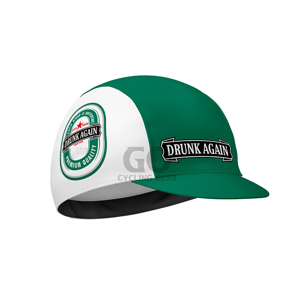 Green and white cycling cap with 'Drunk Again' 