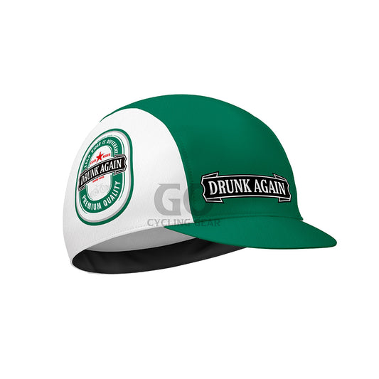 Green and white cycling cap with 'Drunk Again'