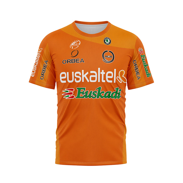 Front view of a vibrant orange cycling jersey with white and green accents. Prominent logos include 'euskaltel' in white, 'Euskadi' in green and red, and 'ORBEA' in black. Other sponsor logos like 'MOA' and 'UCI ProTour' are also visible.