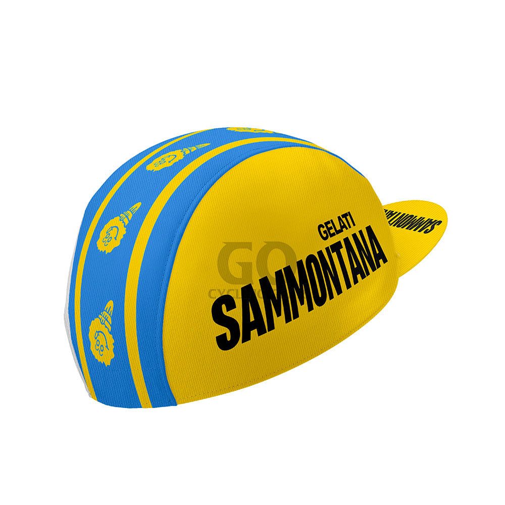 Yellow and blue cycling cap with 'Sammontana' branding on a white background