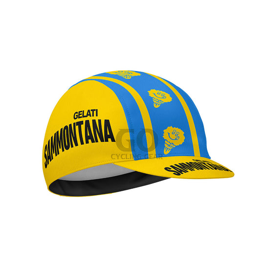 Yellow and blue cycling cap with Sammontana branding on a white background