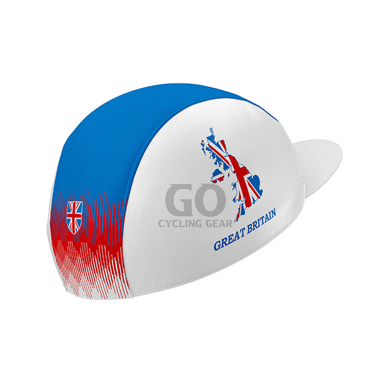 White cycling cap with blue and red graphic stripes, a Union Jack flag on the side, and a map silhouette of Great Britain with "GREAT BRITAIN" text below it.