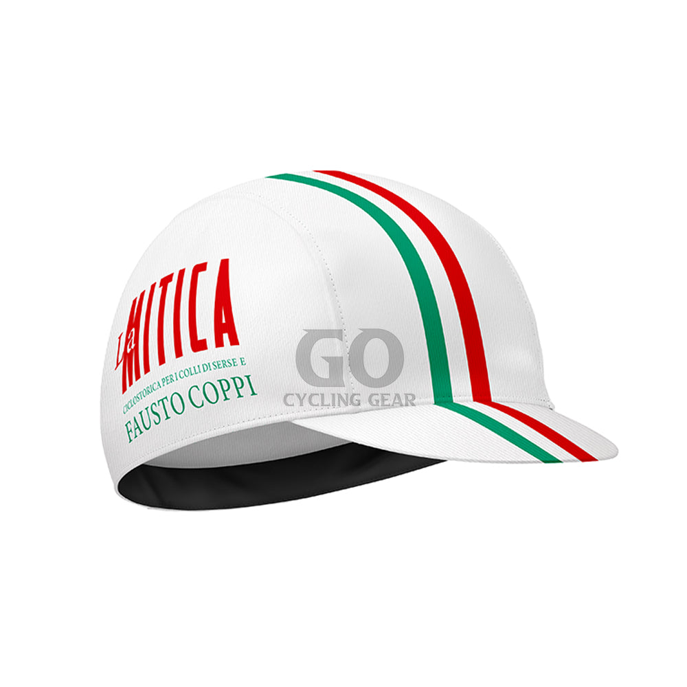 White cycling cap with red and green stripes and branding on a white background