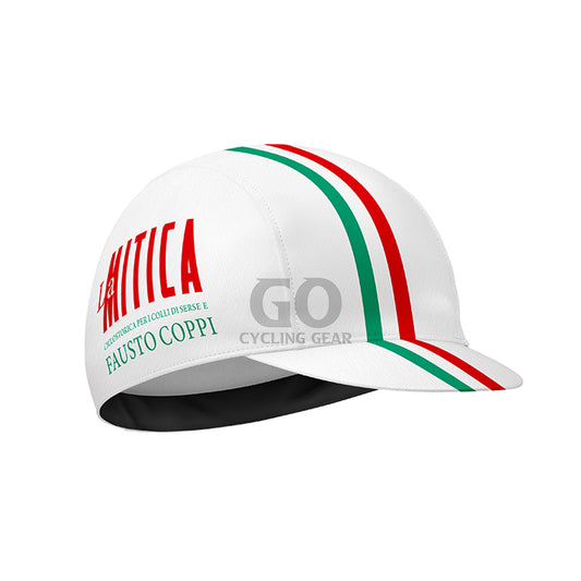 White cycling cap with red and green stripes and branding on a white background