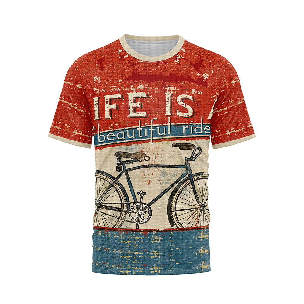 Front view of a vintage-style T-shirt with a distressed red top, a light beige middle section featuring a classic bicycle illustration, and a distressed blue bottom. The text 'LIFE IS a beautiful ride' is prominently displayed in the red and beige sections