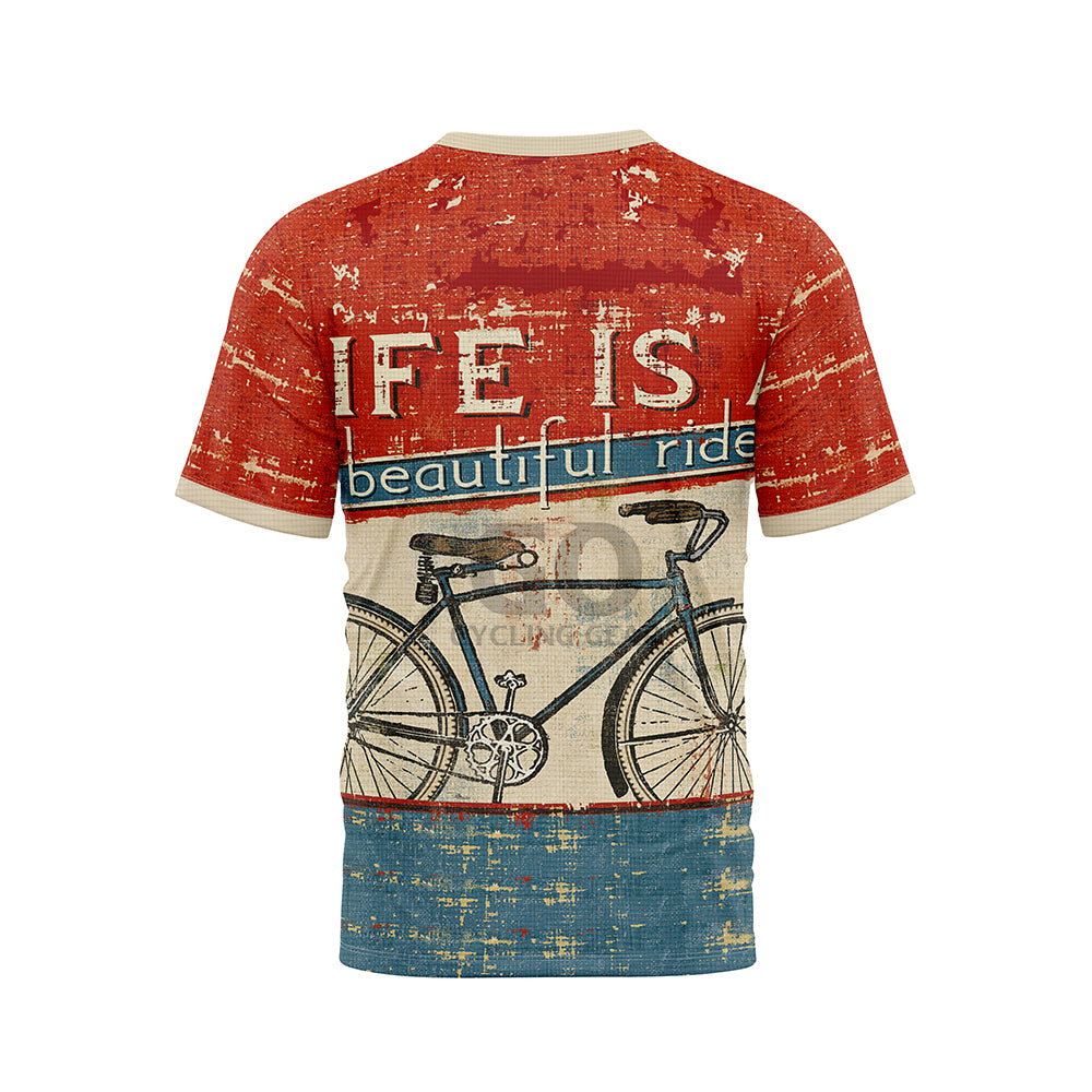 Back view of a vintage-style T-shirt with a distressed red top, a light beige middle section featuring a classic bicycle illustration, and a distressed blue bottom. The text 'LIFE IS a beautiful ride' is prominently displayed in the red and beige sections