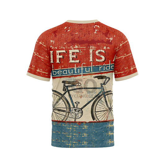 Back view of a vintage-style T-shirt with a distressed red top, a light beige middle section featuring a classic bicycle illustration, and a distressed blue bottom. The text 'LIFE IS a beautiful ride' is prominently displayed in the red and beige sections