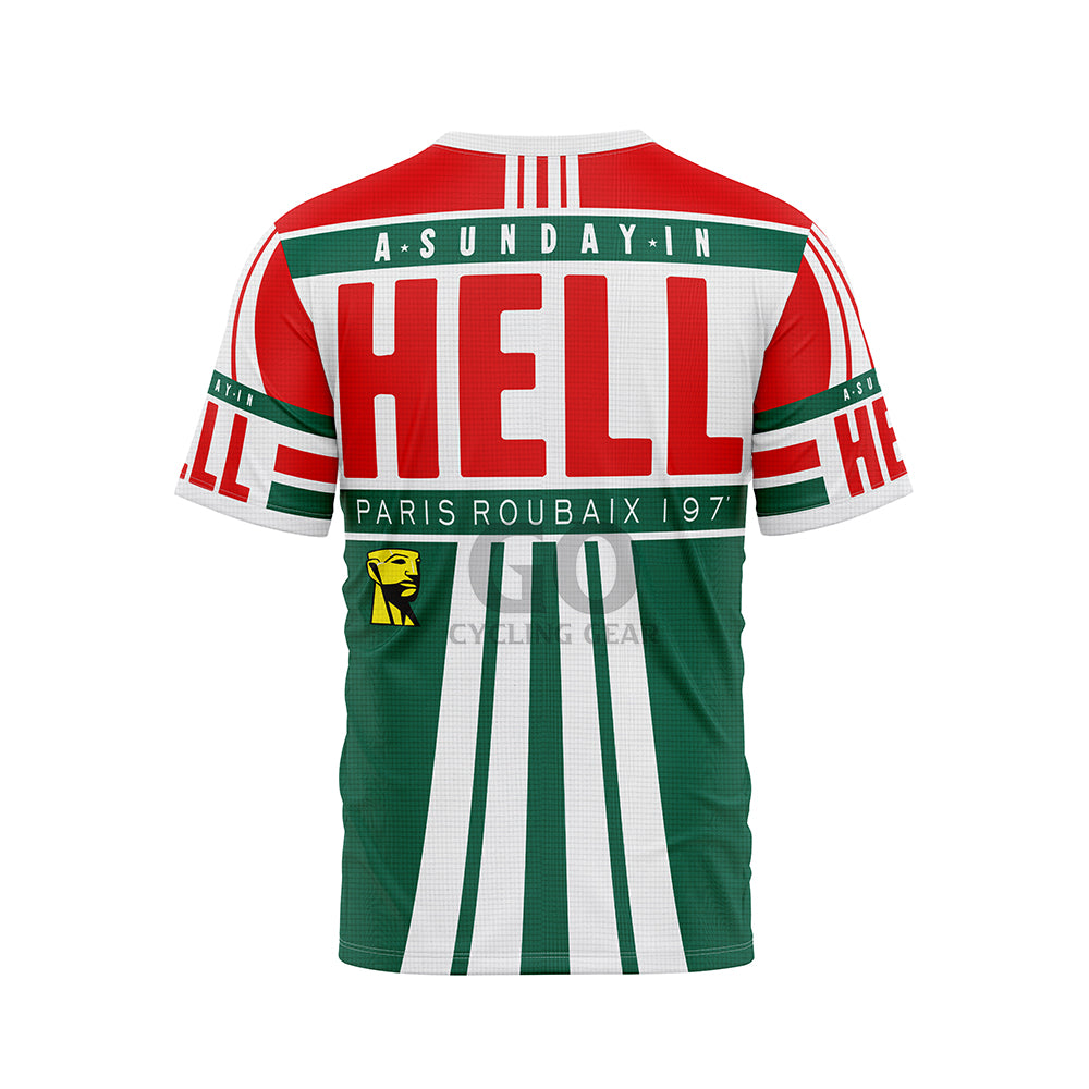 Back view of a red, white, and green t-shirt with "A Sunday in Hell Paris Roubaix 1977" text and a yellow-faced logo.