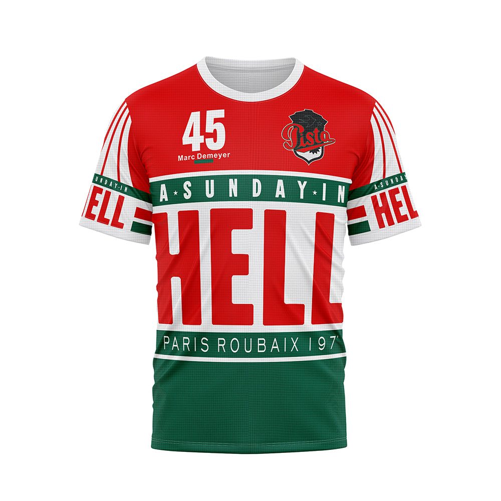 Front view of a red, white, and green t-shirt with "A Sunday in Hell Paris Roubaix 1977", number 45 Marc Demeyer, and a black logo.