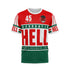 Front view of a red, white, and green t-shirt with "A Sunday in Hell Paris Roubaix 1977", number 45 Marc Demeyer, and a black logo.