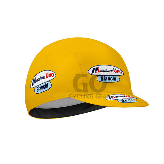 Yellow cycling cap with Mercatone Uno Bianchi logos on a white background