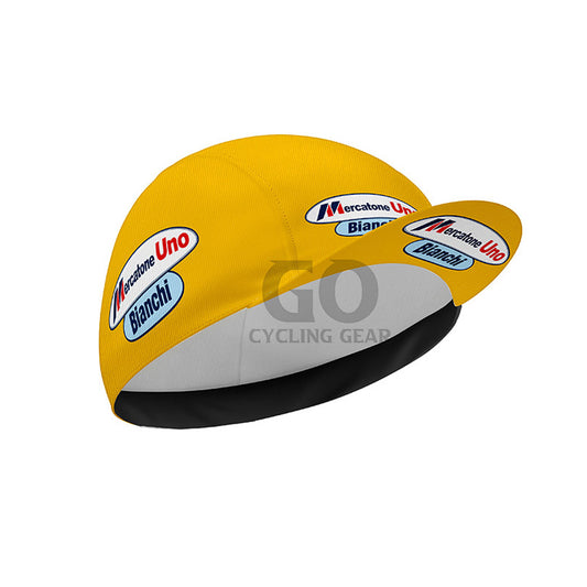 Yellow cycling cap with brand logos on a white background