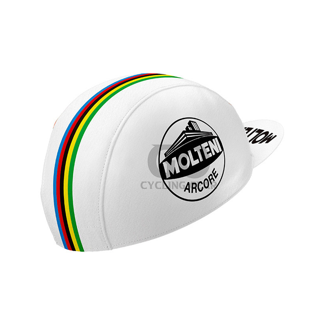 White cycling cap with rainbow stripes and Molten Arcore logo Molteni Arcore Champion Hat