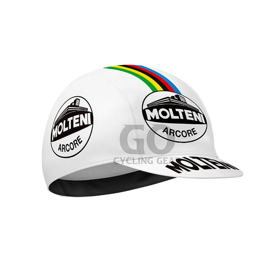 White cycling cap with Molteni Arcore branding and rainbow stripes on a white background