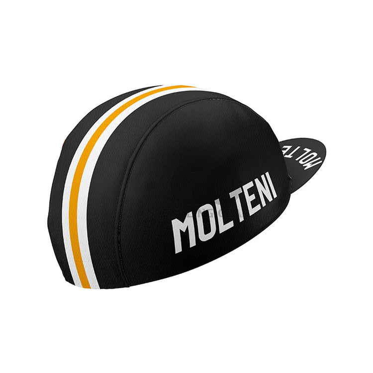 Black cycling cap with yellow and white stripes and 'Molteni' branding on a white background