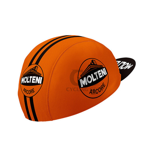 Orange cycling cap with Molteni Arcore logo on a white background