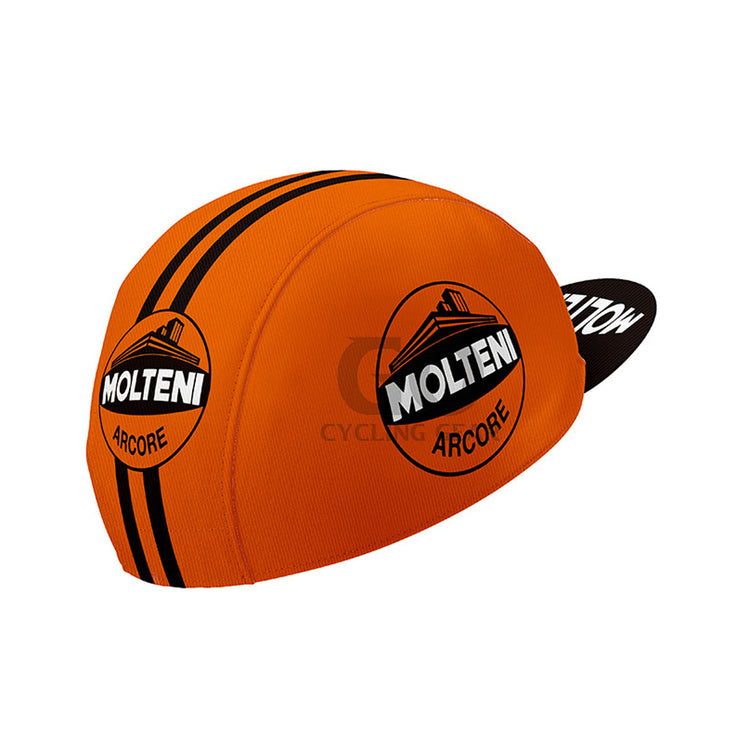 Orange cycling cap with Molteni Arcore logo on a white background