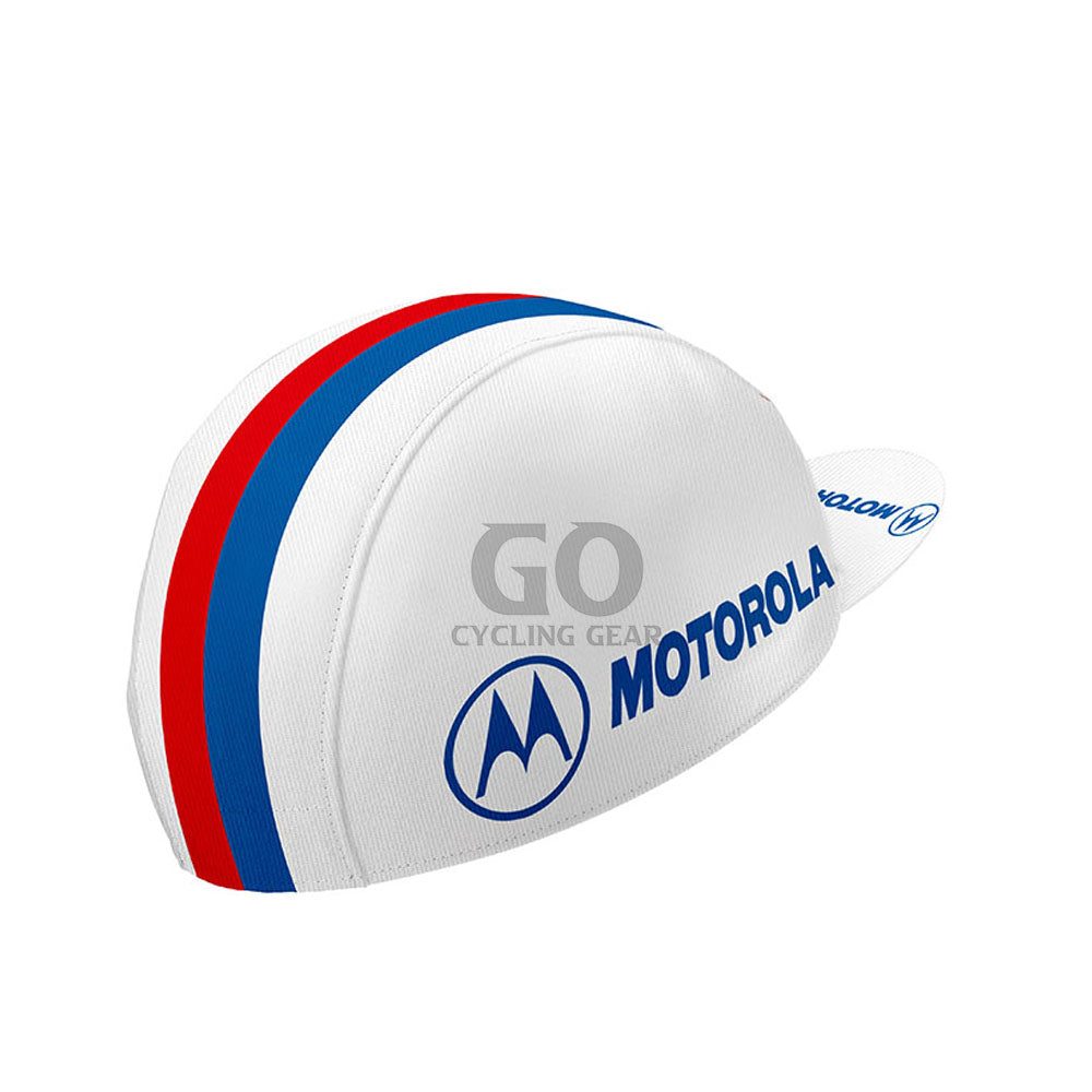Side view of Motorola Retro Cycling Cap with classic logo and vintage cycling design