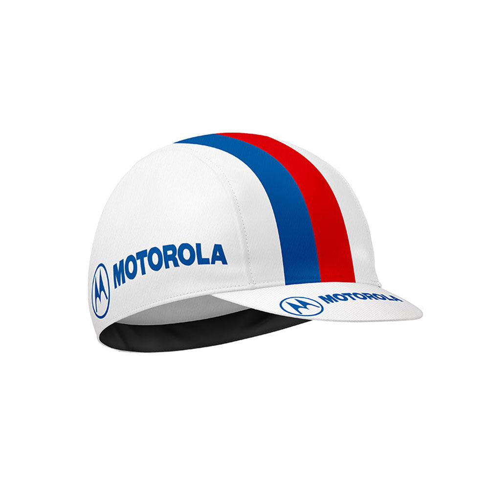 Motorola Retro Cycling Cap with red and blue racing stripes on white cycling cap