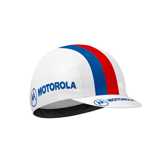 Motorola Retro Cycling Cap with red and blue racing stripes on white cycling cap