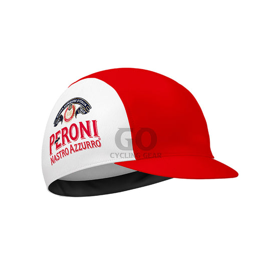 Red and white cycling cap with Peroni branding on a white background