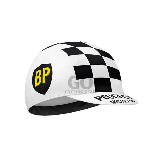 Checkered cycling cap with BP and Peugeot Michelin branding 