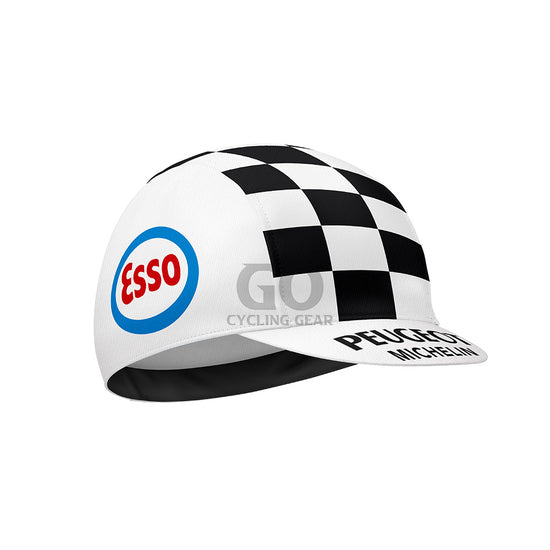 Checkered cycling cap with Esso and Peugeot logos on a white background