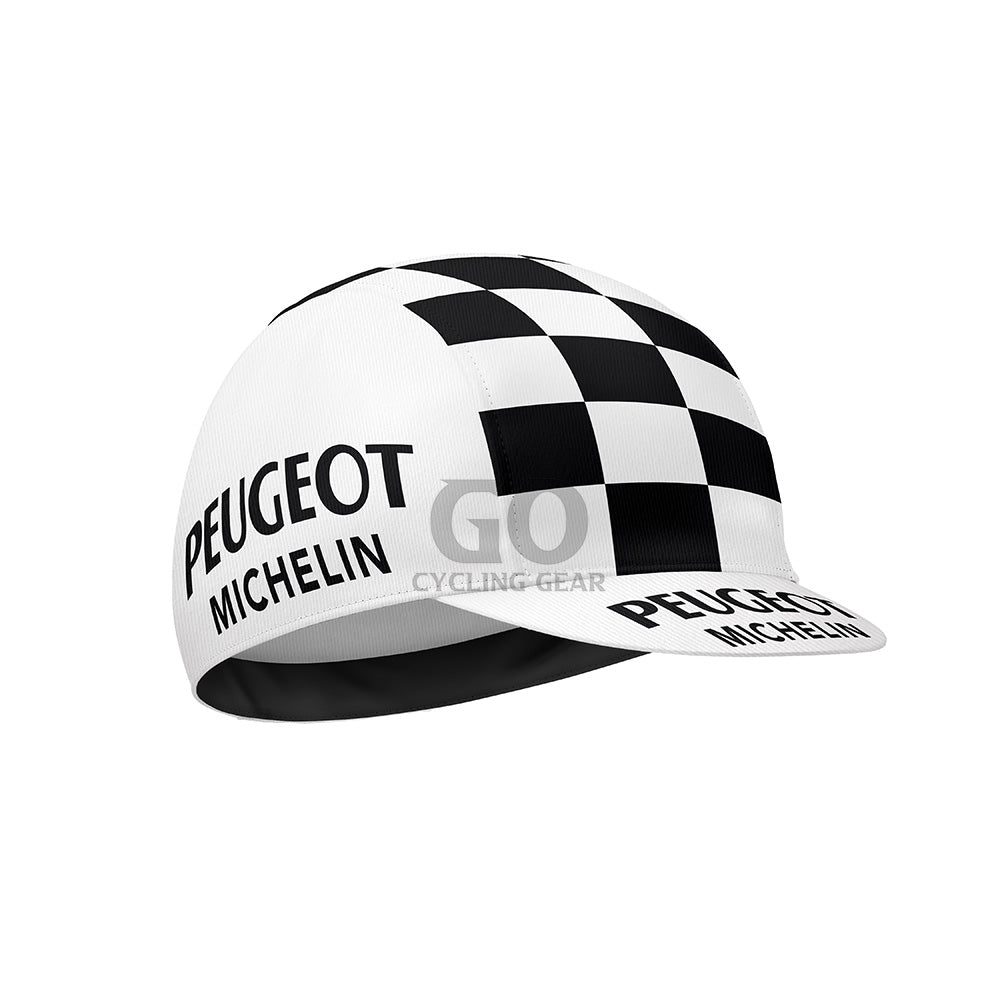 Checkered cycling cap with Peugeot and Michelin branding on a white background