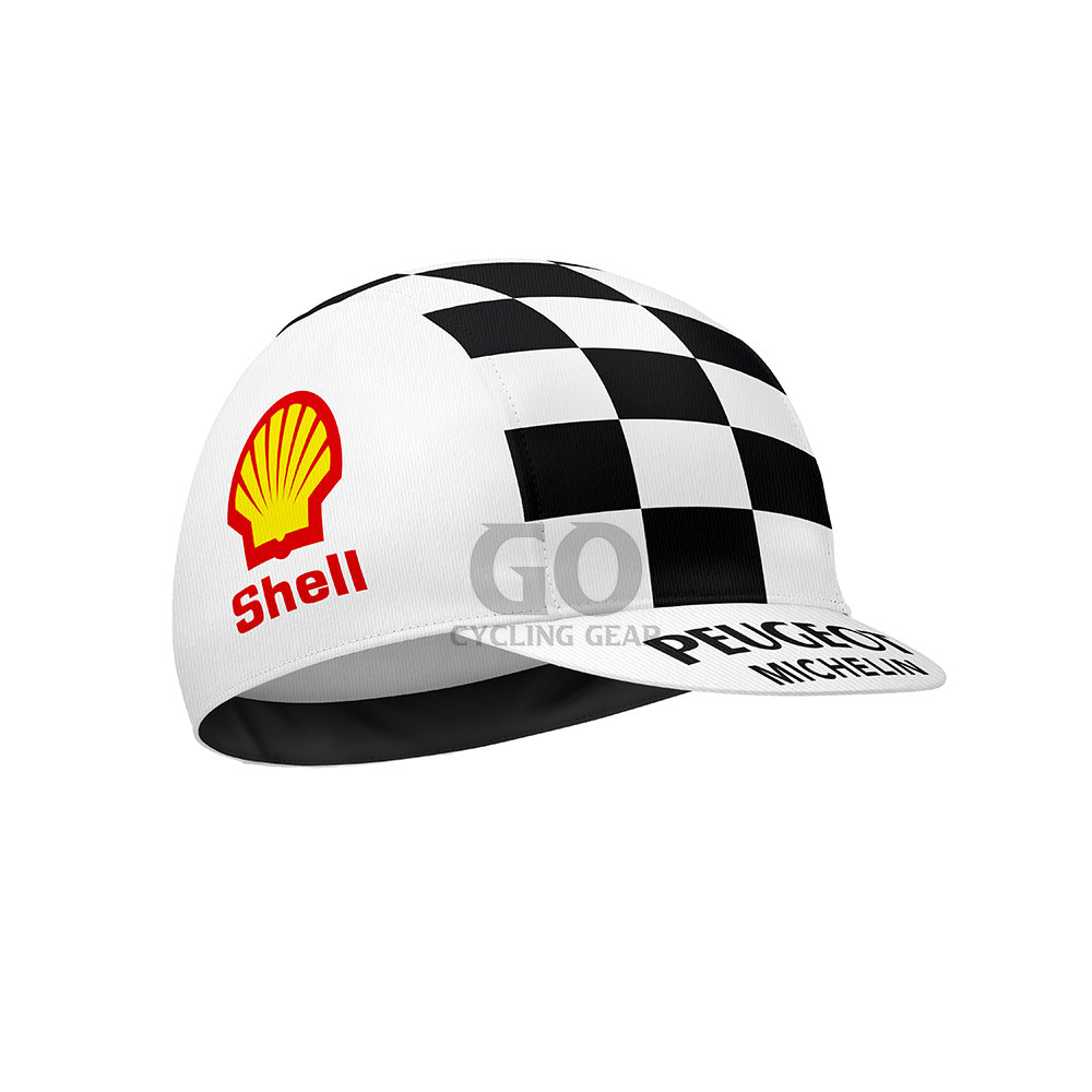 Checkered cycling cap with Peugeot Michelin Shell logo