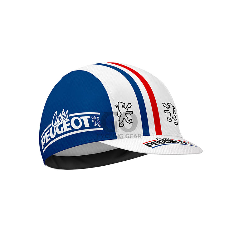 Cycling cap with Peugeot logo on a white background