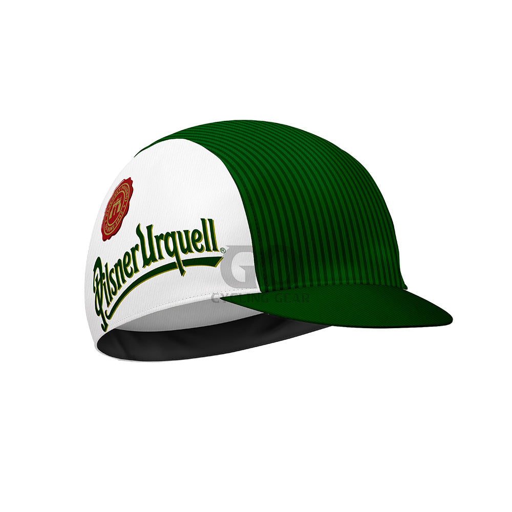 Green and white cap with Pilsner Urquell logo on a white background