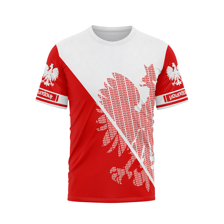 Front view of a red and white Poland-themed T-shirt with a map of Poland formed by the word 'POLSKA' and a white eagle emblem on the sleeves. Ideal for showing national pride