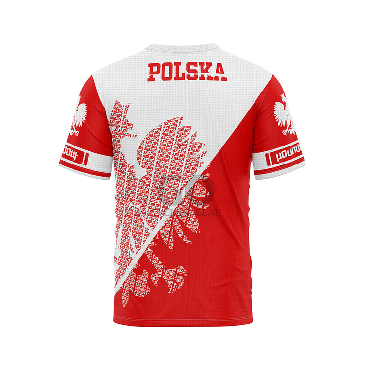Back view of a red and white Poland-themed T-shirt featuring large 'POLSKA' text and a map outline made of 'POLSKA' words, with white eagle emblems on the sleeves