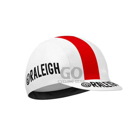 White cycling cap with red stripe and 'Raleigh' branding on a white background