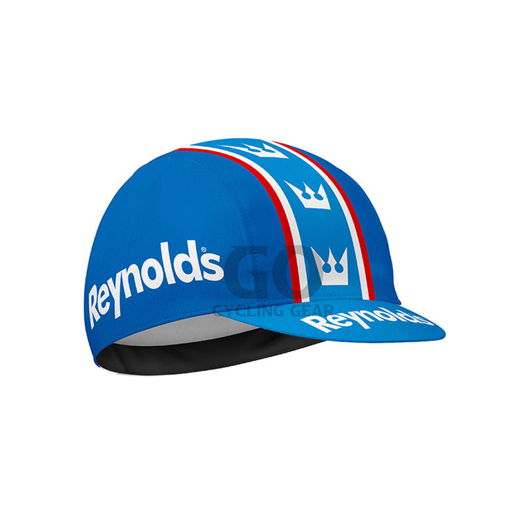 Blue cycling cap with Reynolds logo on a white background