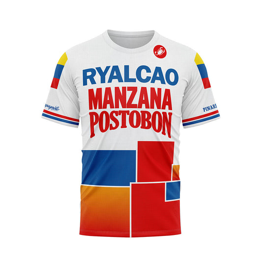 Back view of a white, red, blue, and orange t-shirt with "RYALCAO MANZANA POSTOBON" in blue and red text, featuring a geometric