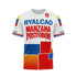 Back view of a white, red, blue, and orange t-shirt with "RYALCAO MANZANA POSTOBON" in blue and red text, featuring a geometric