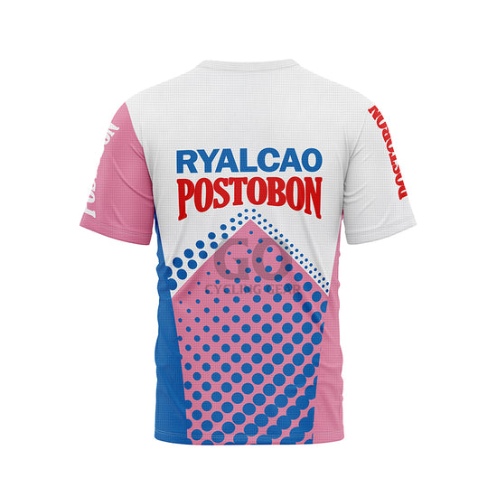 Back view of a white, pink, and blue t-shirt with "RYALCAO POSTOBON" in red and blue text, showcasing a pattern of blue dots on pink and blue panels