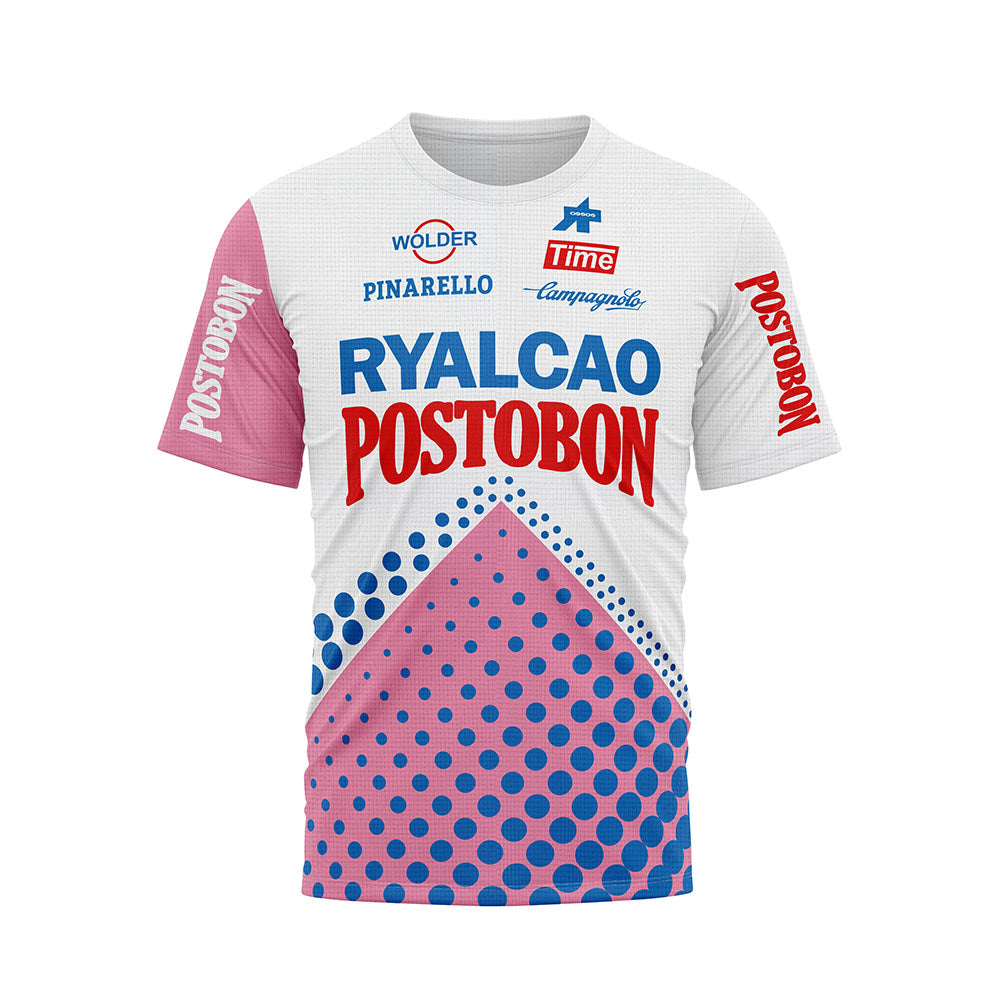 Front view of a white, pink, and blue t-shirt with "RYALCAO POSTOBON" in red and blue text, featuring various sponsor logos