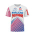 Front view of a white, pink, and blue t-shirt with "RYALCAO POSTOBON" in red and blue text, featuring various sponsor logos
